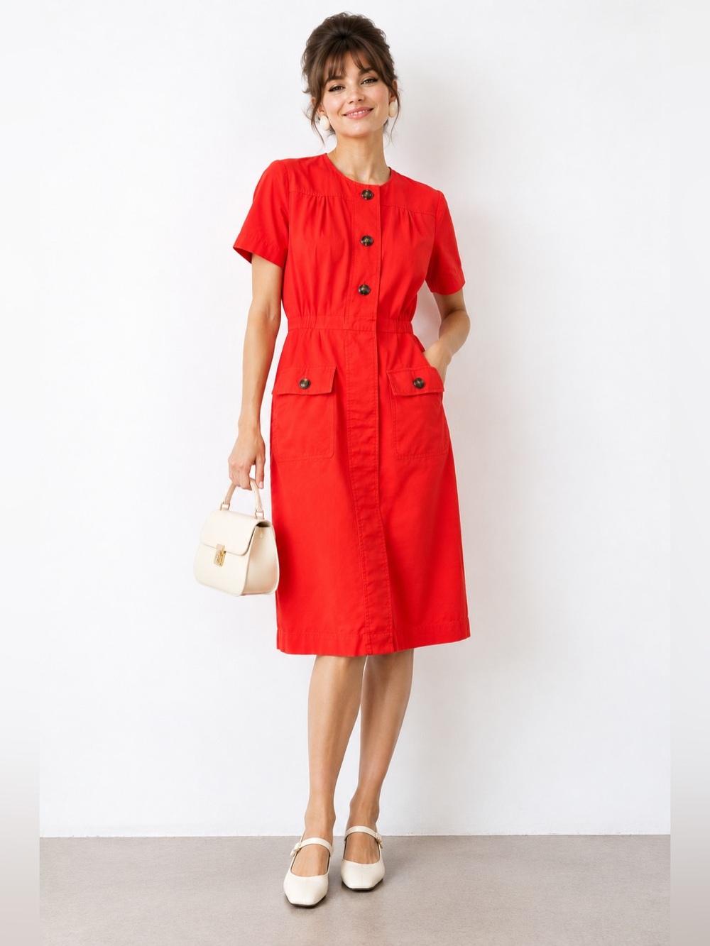 Vintage Tiffany Taylor Red Linen Viscose Button Front Midi Dress Made in Canada